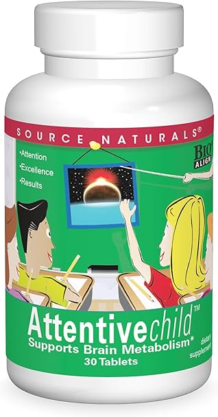 Source Naturals Attentive Child – Healthy Cognitive Nutrients for Active Children – Improved Focus & Attention with DMAE, Magnesium, Zinc & Grape Seed Extract – 30 Tablets