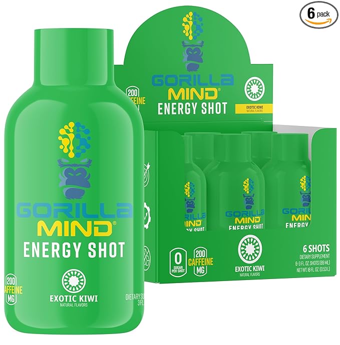 Gorilla Mind Energy Shots (Pack of 6) – Enhanced Focus & Energy, Sugar-Free, Fast-Acting, Potent Formula with Vitamins & Natural Extracts (Exotic Kiwi)