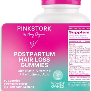 Pink Stork Postpartum Hair Loss Gummies - Biotin with Vitamin E, Pantothenic Acid, B6 & B12 for Beautiful & Strong Hair, Skin, and Nails - Postpartum Essentials for New Moms - 60 Gummy Vitamins