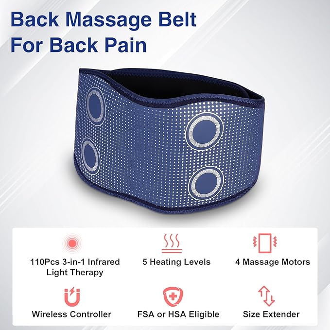 Cordless Back Massager Belt,FSA or HSA Eligible Red Light Therapy Massage Belt with 5 Heating Levels,3 Vibration Modes, Lower Back Massager for Pain Relief Deep Tissue,4 Motors,Battery-Powered (Blue) - Image 4