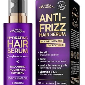 Hydrating Hair Serum for Frizzy and Damaged Hair - Keratin Hair Treatment for Dry Damaged Hair w/ Biotin, Castor Oil, Rosemary Oil, Hair Heat Protectant & Anti Frizz Hair Serum For Frizzy Hair, 5 Oz
